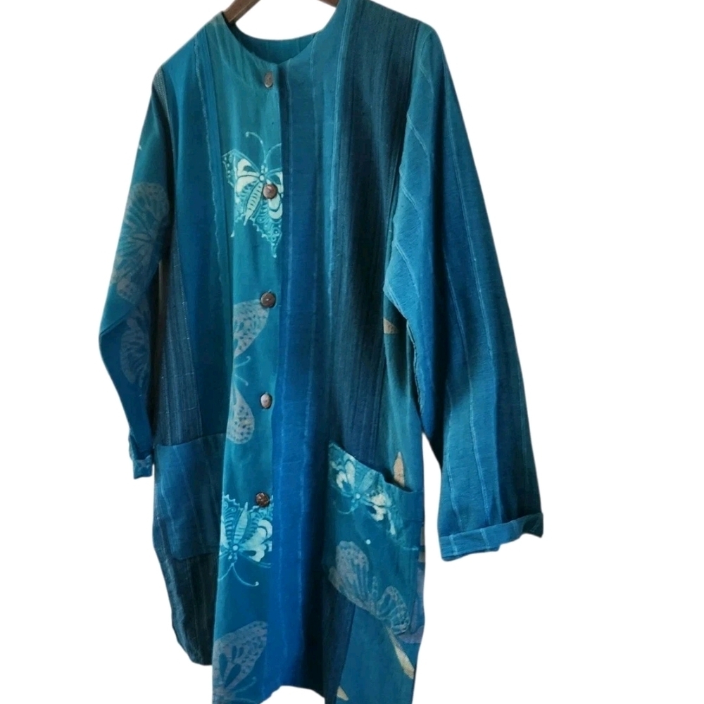 Wild Thing Wild Woman Cotton Button Long Jacket Blue Butterfly Size S M Pockets - Picture 5 of 9